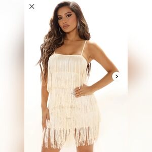 Fashion Nova Cream Fringe Backless Mini Dress